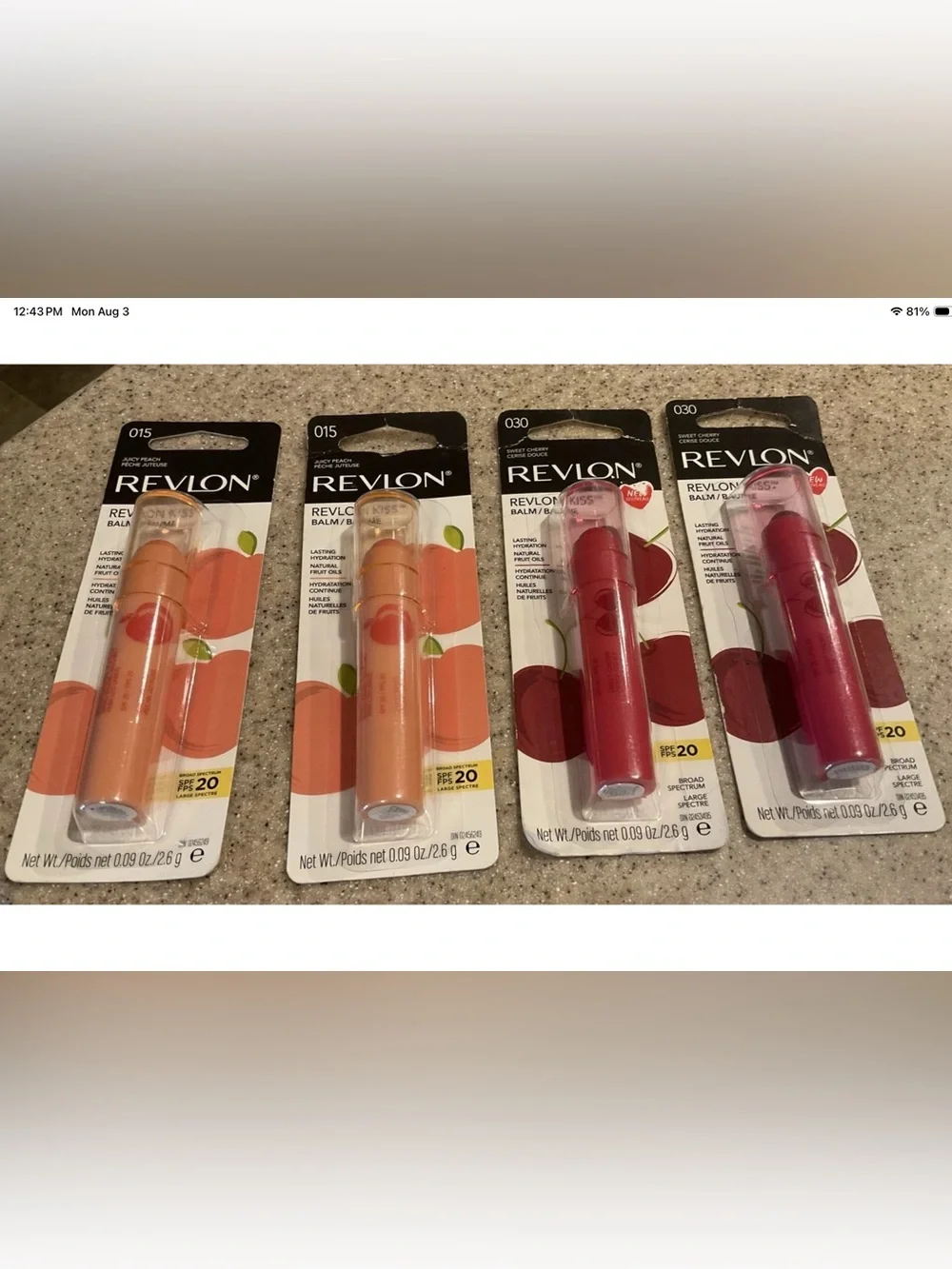 Lot of 4 Revlon Kiss Lip Balm Stick Sweet Cherry #30 & Juicy Peach #15 SPF 20